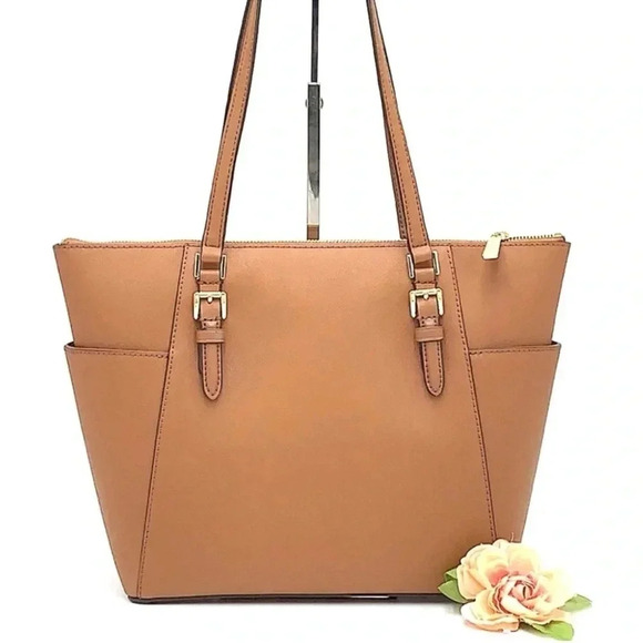 Michael Kors Large Charlotte Tote Bag Luggage Leather Luggage Brown - Picture 3 of 14